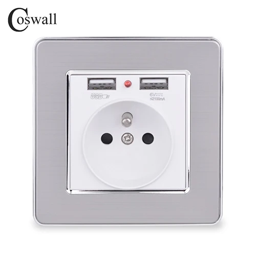 Coswall двойной usb зарядный порт 5 в 2.1A светодиодный индикатор 16A французская настенная розетка панель из нержавеющей стали Серый Черный Белый Золотой - Тип: White
