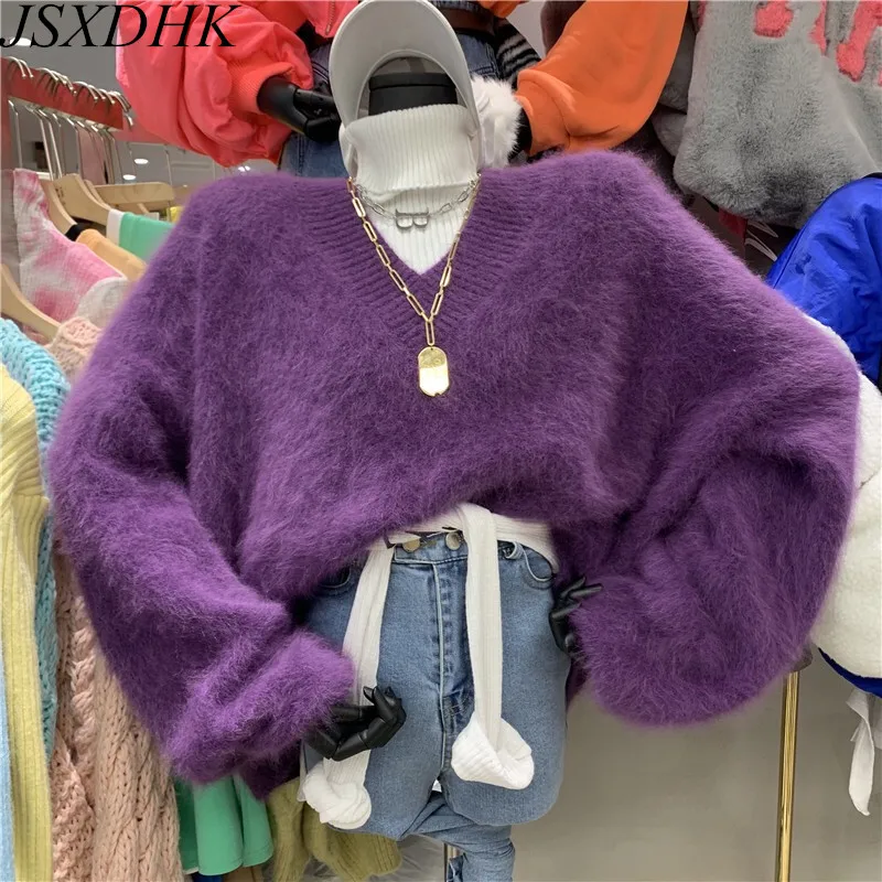 

JSXDHK High Quality Women Purple Sexy V Neck Mohair Sweater Korean Chic Autumn Winter Knitted Thick Warm Soft Loose Pullovers