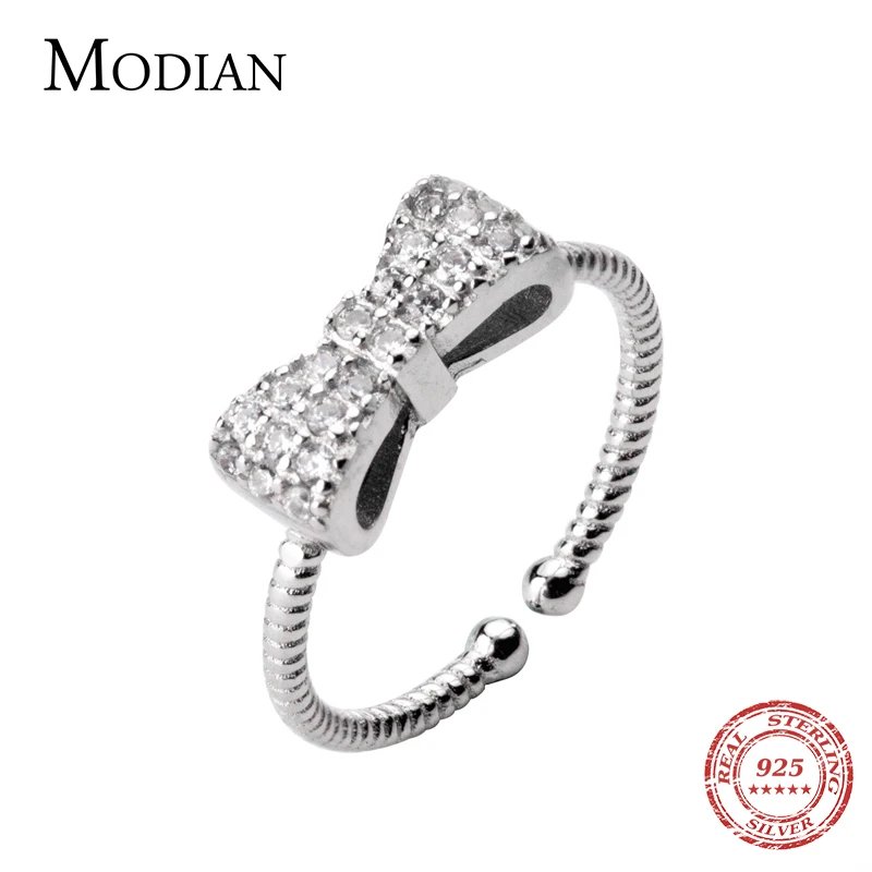 

Modian Classic Dazzling Zircon Retro Bowknot Real Sterling Silver 925 Ring for Women Fashion Free Size Simple Ring Fine Jewelry