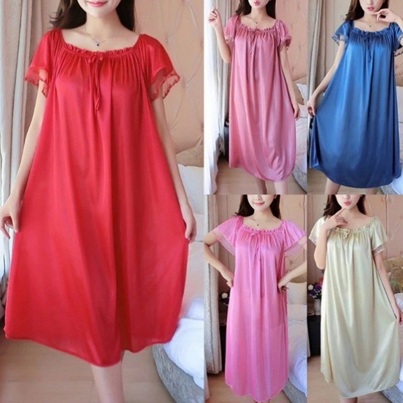 

Летняя шелковая атласная ночная рубашка с коротким рукавом ночная рубашка Женская атласная Ночная сорочка