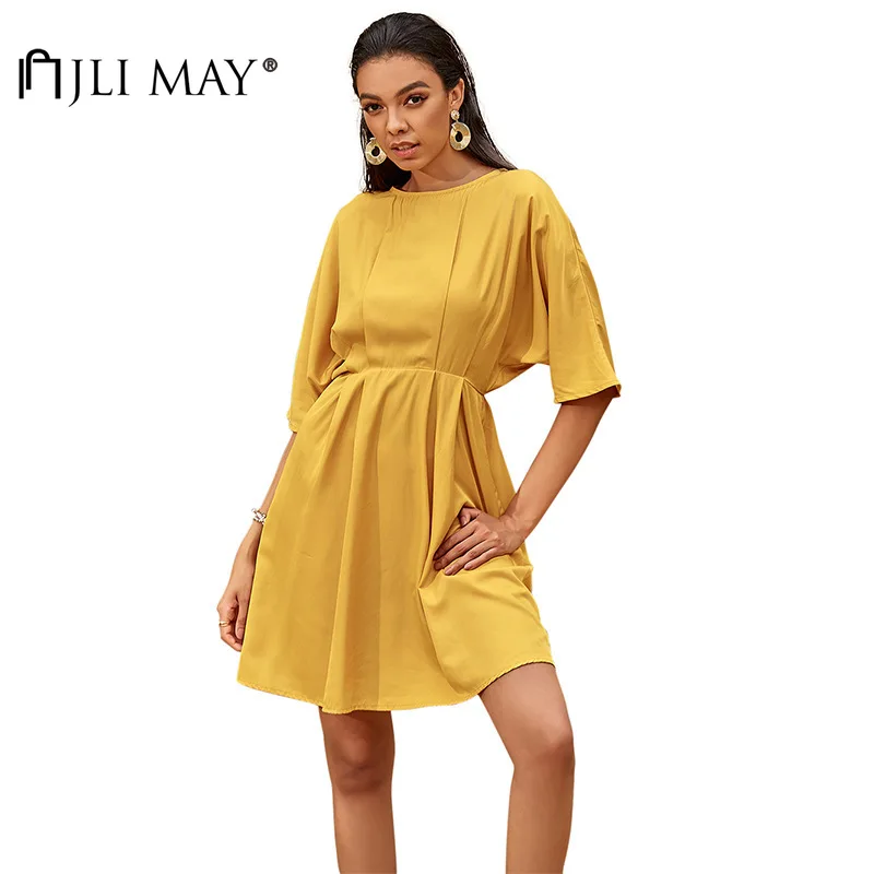 

JLI MAY Women's Dresses Cotton Solid O-neck Half Batwing Sleeve Empire A-Line Slim Summer Loose Casual Pleats Mini Dress