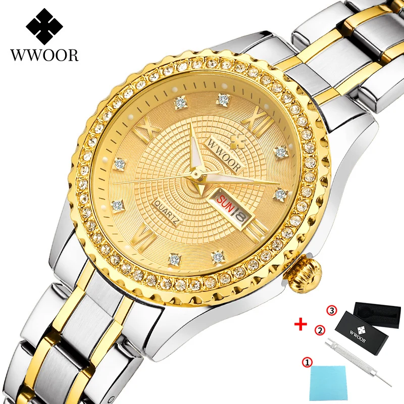 sliver gold WWOOR,, женские часы, Топ бренд, роскошные, стильные, стразы, часы для женщин, нержавеющая сталь, кварцевые, женские часы, Relogio Feminino - Цвет: sliver gold