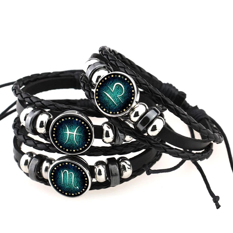 

Twelve Constellation Bracelet Personality Retro Punk Black Elastic Braided Rope Leather Bracele Unisex Bangle Wristband