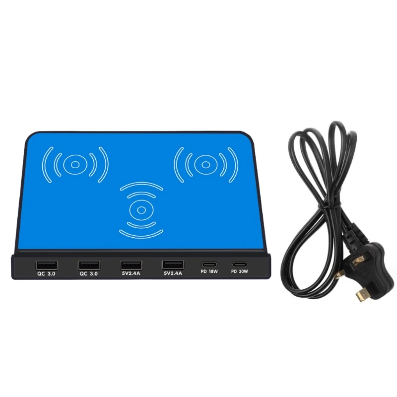 

Universal 6Ports 30W Type C PD QC3.0 USB Fast Charger 10W Dual Wireless Charger Station Stand for Laptop Cellphone Tablet