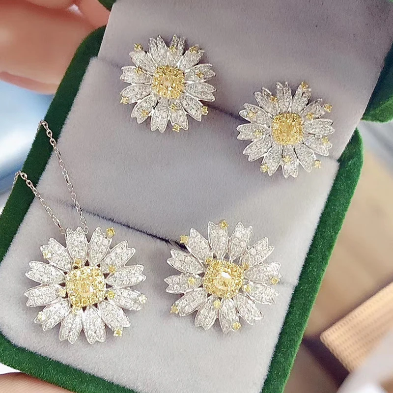 

New Fashion Sunflower Jewelry Set Full Inlay Shiny Small Zircon Charm Daisy Flower Pendant Necklace/Earrings Women Wedding Ring