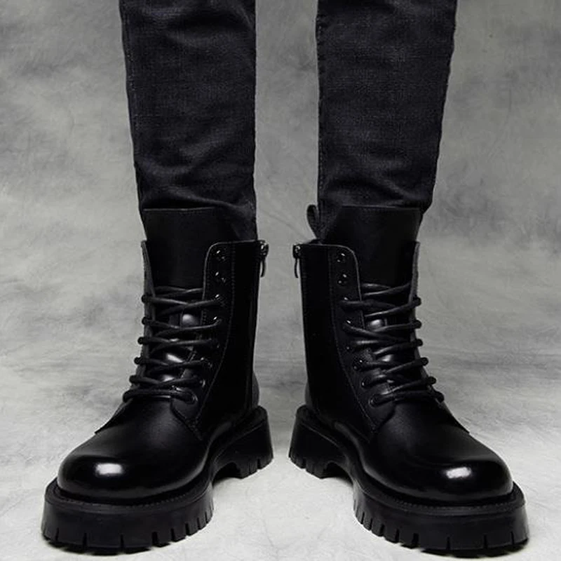 

Мужские черные ботинки на шнуровке с одной подкладкой, демисезонные высокие рабочие ботинки в британском стиле, универсальные кожаные боти...