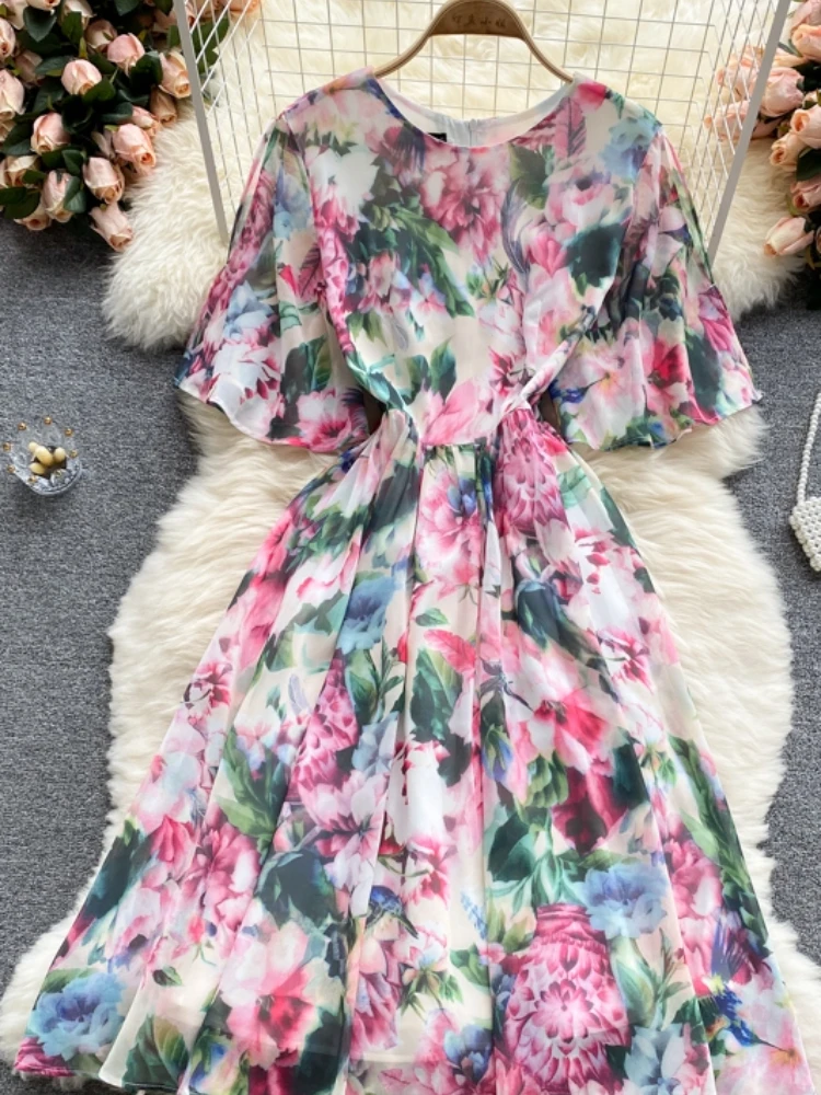 

Aibeautyer New Summer Casual A Line O Neck Lady Short Dress Slim Floral Print High Waist Mid-Calf Woemn Medium Dresses