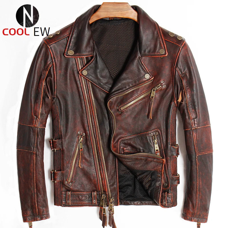 

American Street Motorcycle Leather Jacket and Coat For Men In Stock Automotive Mens Cowhide Coats Genuine Leather Winter Topcoat