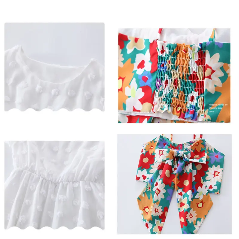 

Big Girls Dress Suit Summer Princess Party Emboss Lace Suspender Flower Print for Teenage 6 8 10 11 12 14Years Children Clothing