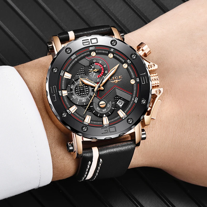 2020LIGE Rose gold Mens Watches Top Brand Luxury Big Dial Military Quartz Watch Leather Waterproof Sport Chronograph Men | Наручные часы