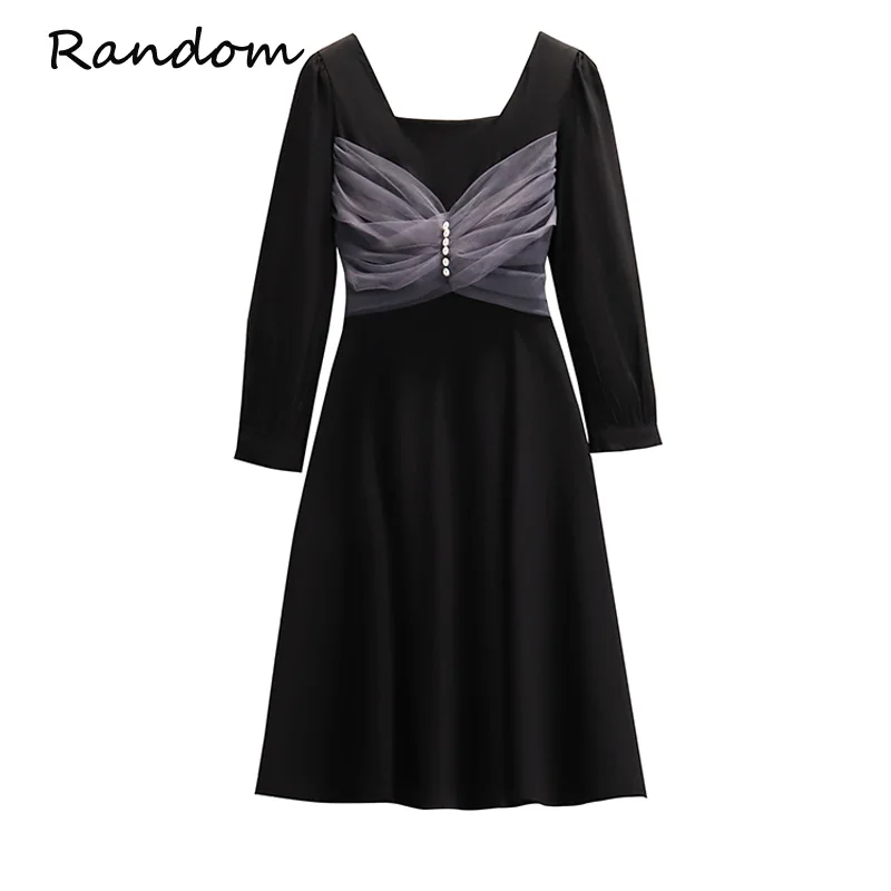 

2021 Plus Size Women Vintage Gauze Pearl Patchwork Dress Square collar Long Sleeve Mini Black Dresses Ladies Chic Y2K Clothing