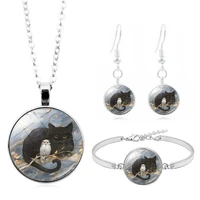 owl black cat art photo jewelry set cabochon glass pendant necklace earring bracelet totally 4 pcs for women fashion party gifts