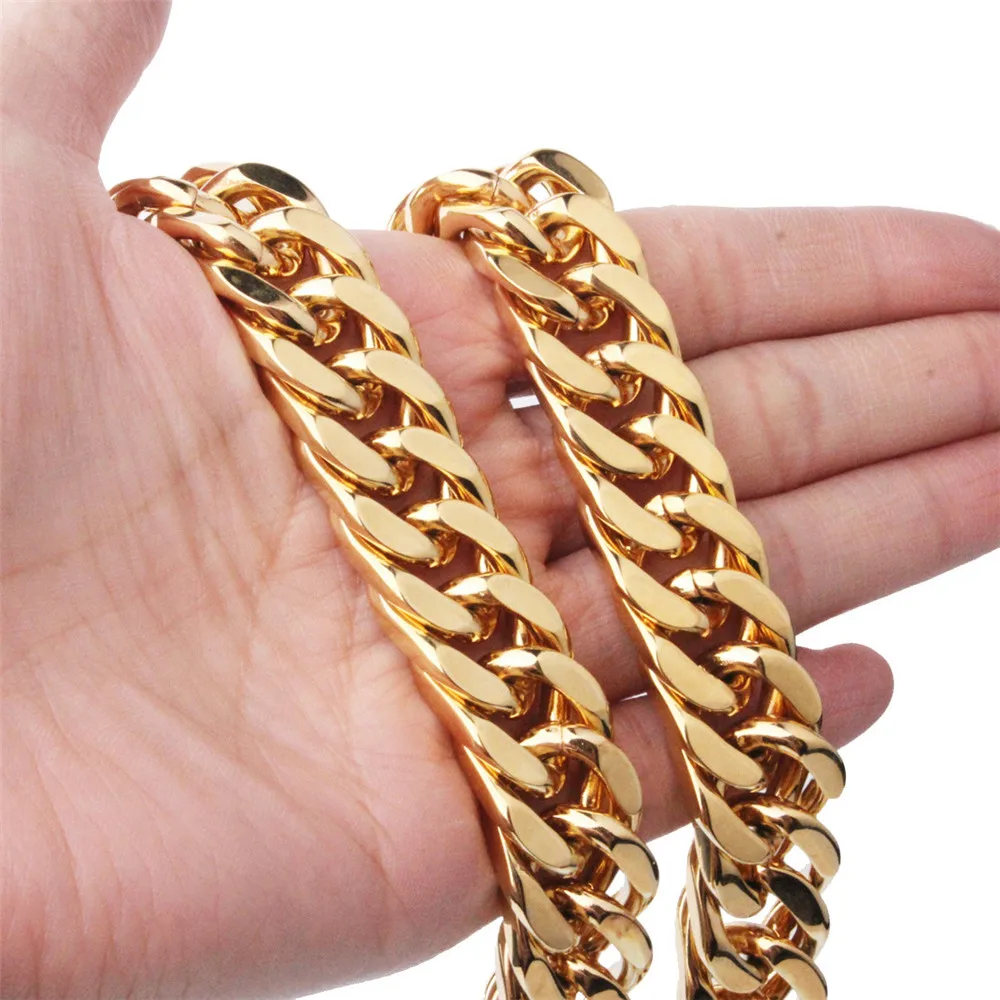 

15MM Gold Necklace Luxury Stainless Steel Bold Long Chain Buckle Hip Hop Rock Style High Quality Couple Gift Fine Jewelry