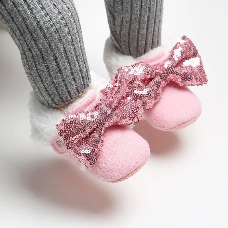 

Baby Girl Pricess Shoes Winter Newborn Infant Sequin Bow First Walkers Shoes + Headband 2PCS Toddler Soft Soled Crib Shoe