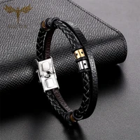 multilayer leather bracelet for men women stainless steel cuff bangle braided leather wrap bracelet armband pulsera hombre