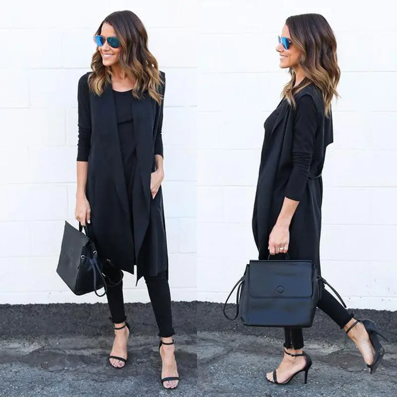 Женский кардиган без рукавов элегантный длинный с открытым передом пиджак для