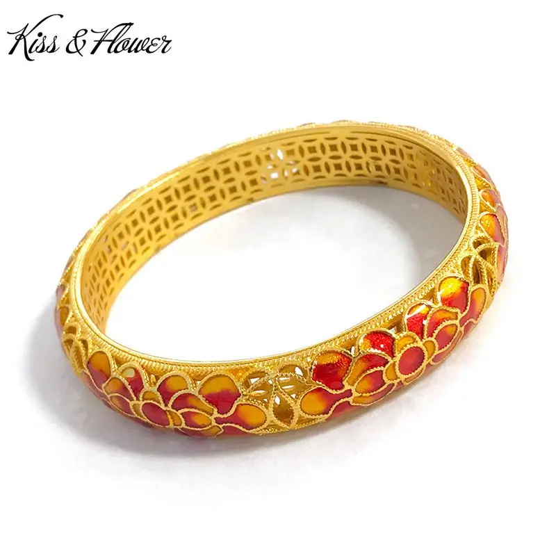 

KISS&FLOWER BR217 Fine Jewelry Wholesale Fashion Woman Birthday Wedding Gift Vintage Enamel Flowers 24KT Gold Bracelet Bangle