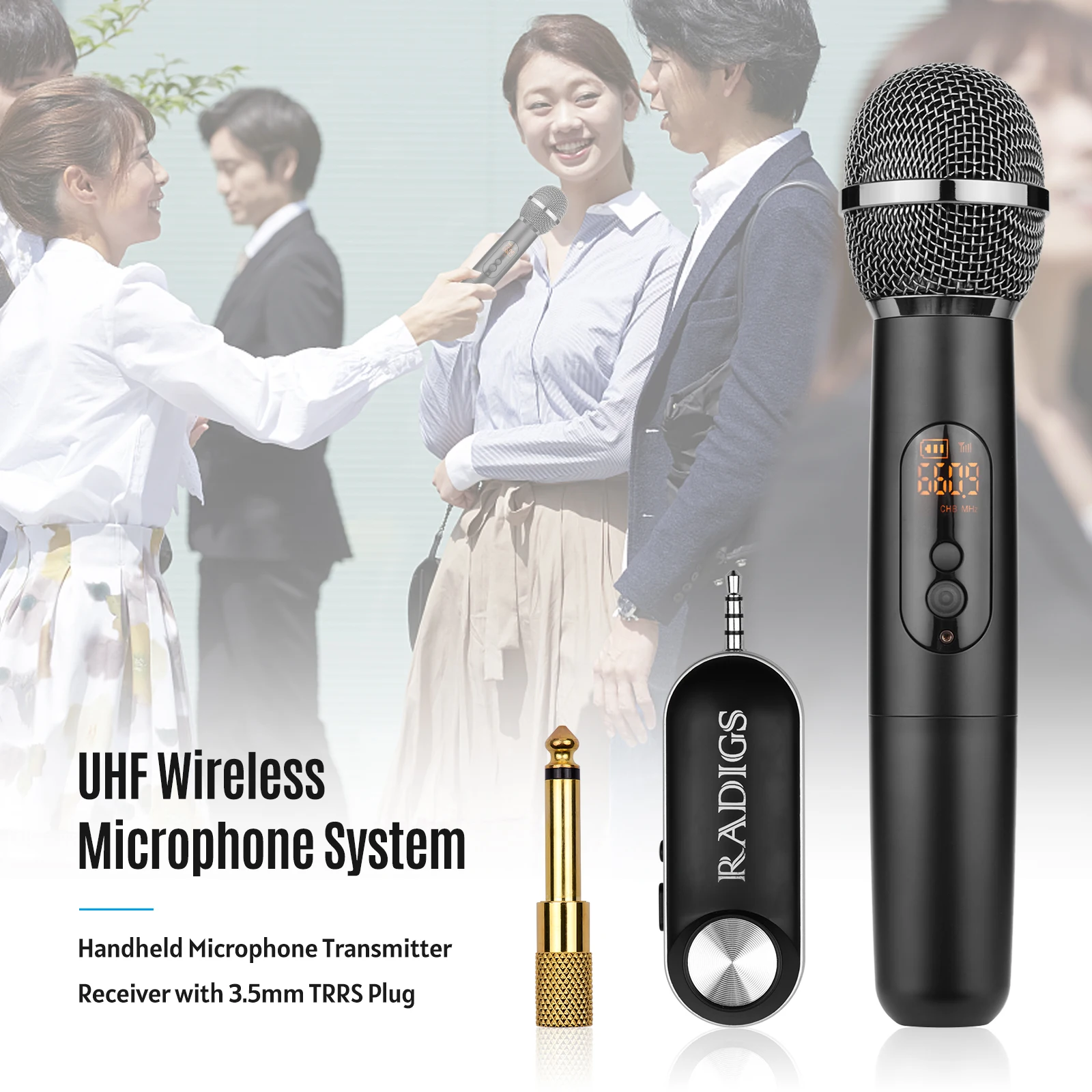 

UHF Wireless Microphone System with Handheld Transmitter Receiver 500-950MHz 3.5mm Plug with 6.35mm Adapter for Computer