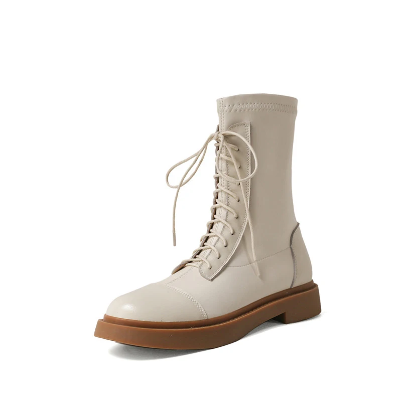 

ANNYMOLI Motorcycle Boots Woman Real Leather Ankle Boots Flat Platform Short Boots Lace Up Female Shoes Autumn Winter Beige 39