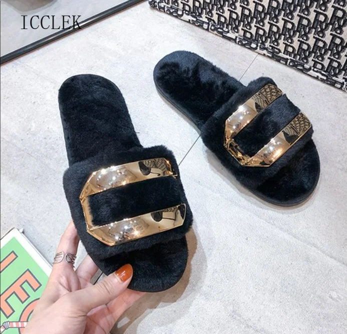 

ICCLEK 2021 Shoes Slippers Women's Flower Fur Flip Flops Flock Slides Plush Flat Summer Slipper Furry Slides for Women Slippers