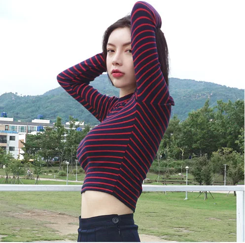 2019 Applerloth A-Sexy Cotton Striped Long-sleeved Tshirt Women's College Half-high-necked short-sleeved blouse women shirts | Женская