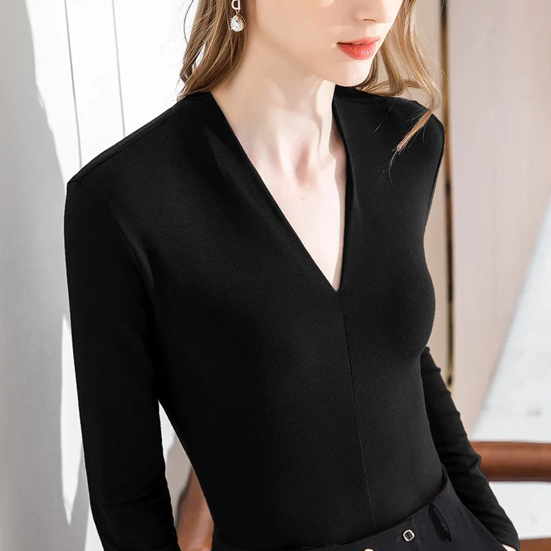 

Long sleeve T-shirt women's autumn new women's wear solid basic style with bottom coat sexy deep V women's top