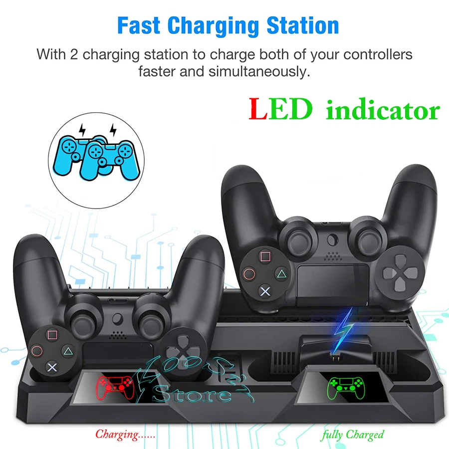 

PS4/Pro/Slim Console Cooling Fan Stand Gamepad Charging Station Games Discs Storage for Play Station PS 4 Accessories