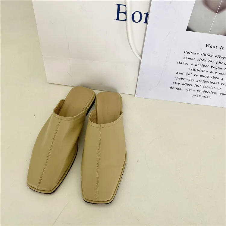 

Beach Shoes PU Ladies' Slippers Square Toe Low Loafers Slipers Women Luxury Slides Sabot Flat Cover Soft 2021 Designer Rome Hoof