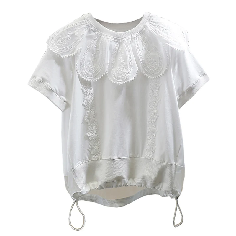 

Fashion Vintage Embroidered Petal Collar T-shirt High-End Mesh Stitching Drawstring Short Sleeve Tees Summer Simple Leisure Top
