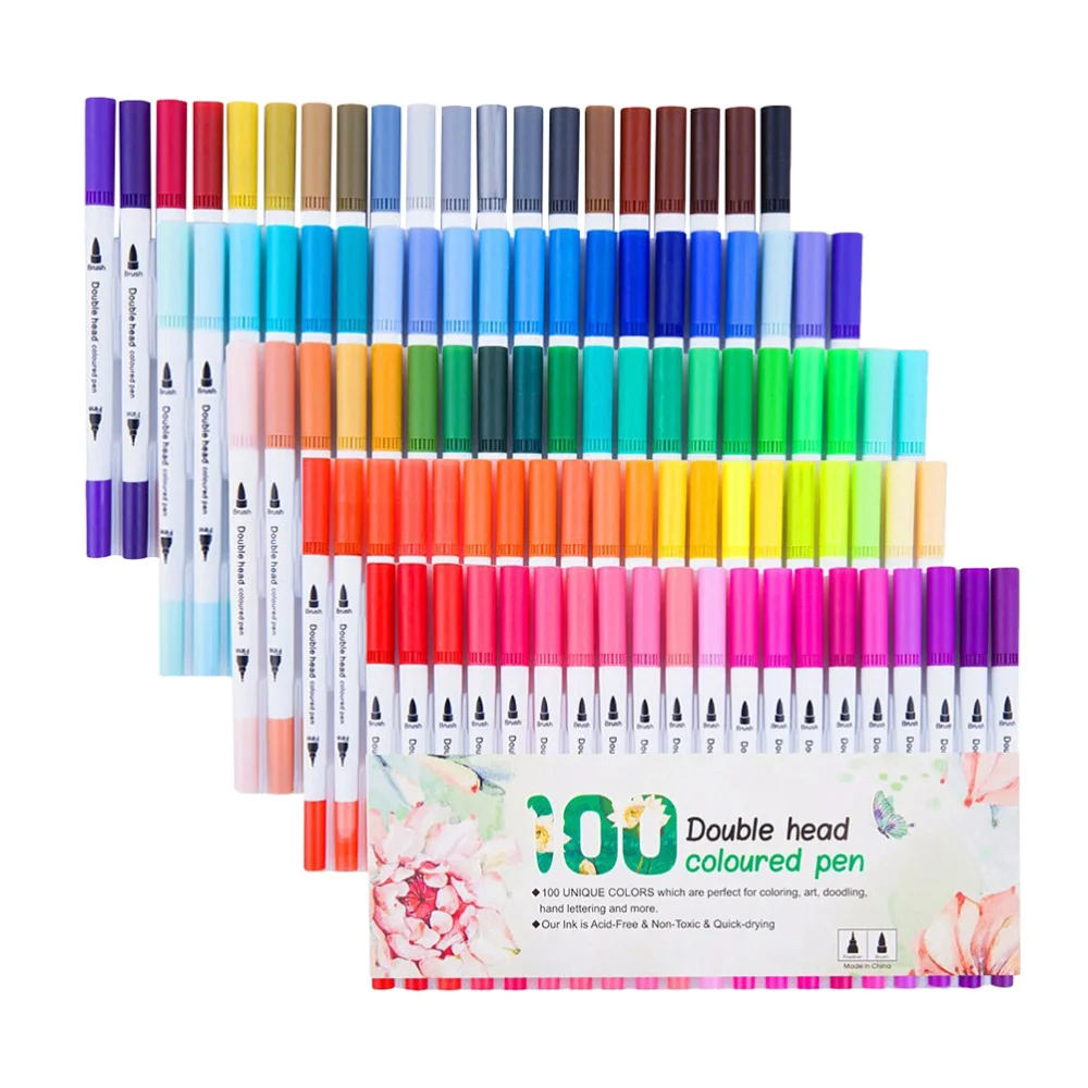 

100Pcs Dual Tip Brush Pens Double Head Colored Pens Fineliner Pens Stationery