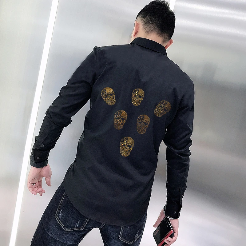 

European Style Rhinestone Design Skull Men's T-Shirt Popular Lapel Overalls Luxury Long Sleeves