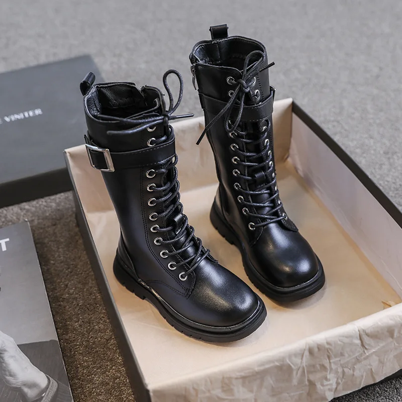 

Velvet Fur Martin Boots Girl Winter Shoes Bandage with Belt Buckle 2021 Winter New Child Snow Boots Winter Cotton Padded Shoe