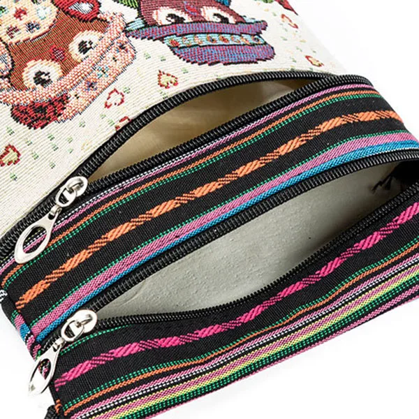 Fashion Ethnic Style Women Messenger Bags Dual Zipped Cartoon Owl Embroidered Shopping Ladies Girls Shoulder Bag Best Sale-WT |