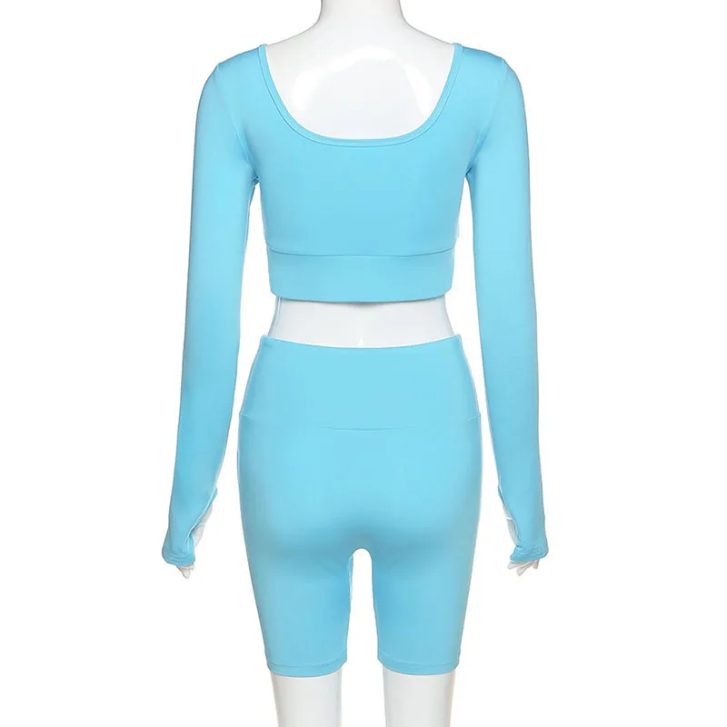 

Streetwear Womens Tracksuit Set Square Collar Long Sleeve Cropped Top Biker Shorts 2 Piece Set Womens Outfits Skinny Sweatsuit