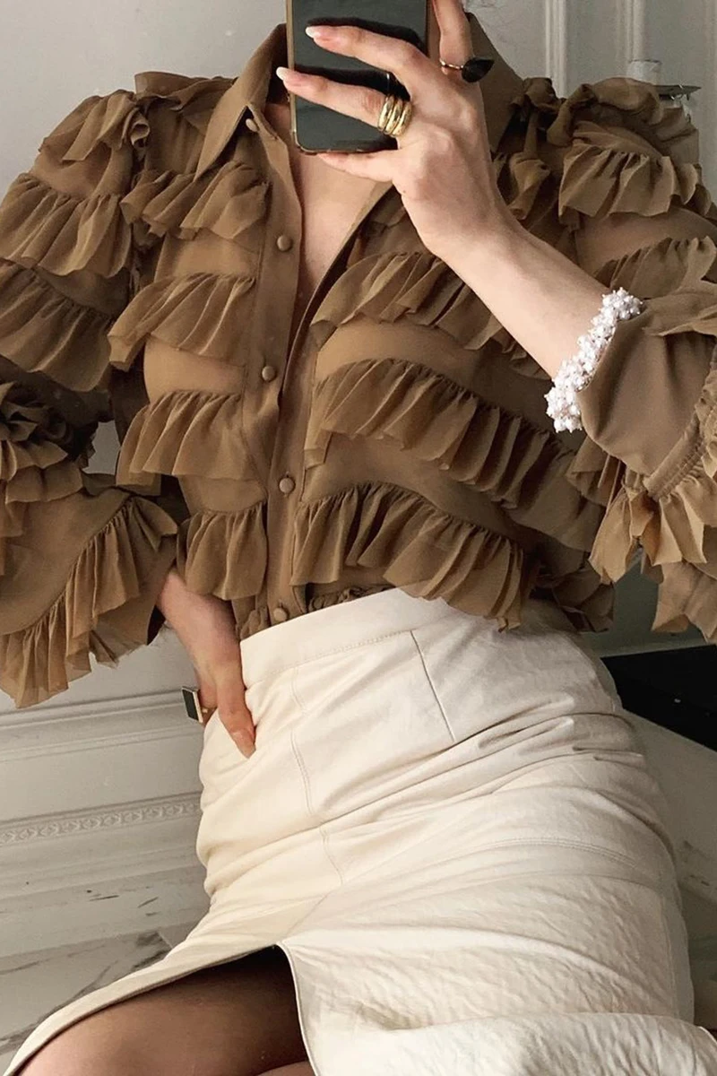 

Sannian Women Shirt Spring And Autumn Retro Fashion Lapel Single-breasted Loose Lantern Sleeves Stitching Tops Women Clothes