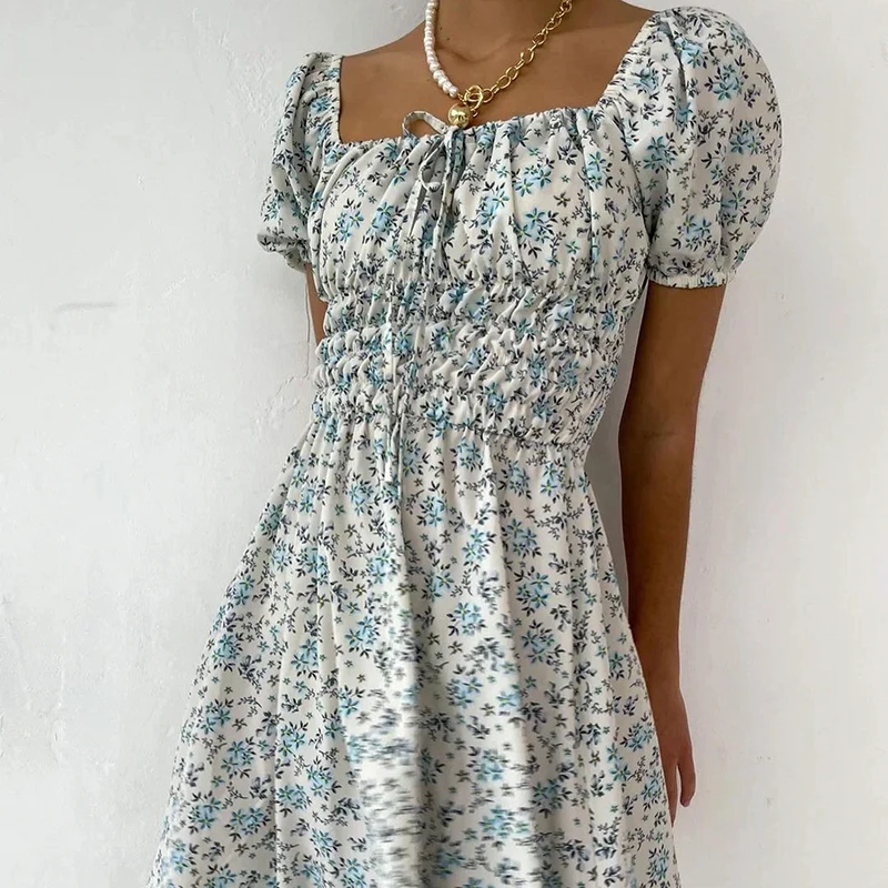 

Vintage Floral Printed Ruched Tip Up Summer Y2k Dress Women Mini Sundress 2021Short Sleeve Square Collar Party Dresses Vestidos
