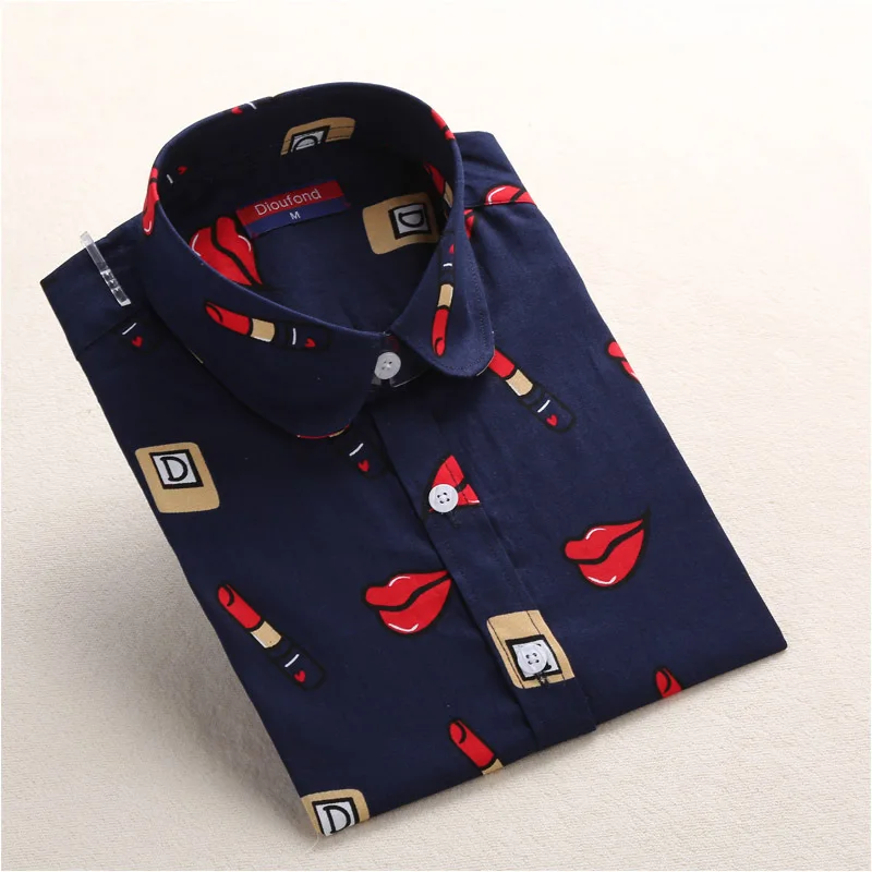Nlipstick Dioufond, женские хлопковые рубашки, модные винтажные блузки, 5XL размера плюс, рубашка, с принтом, Blusas, цветочные, женская блузка с длинным рукавом, Женский Топ - Цвет: Nlipstick