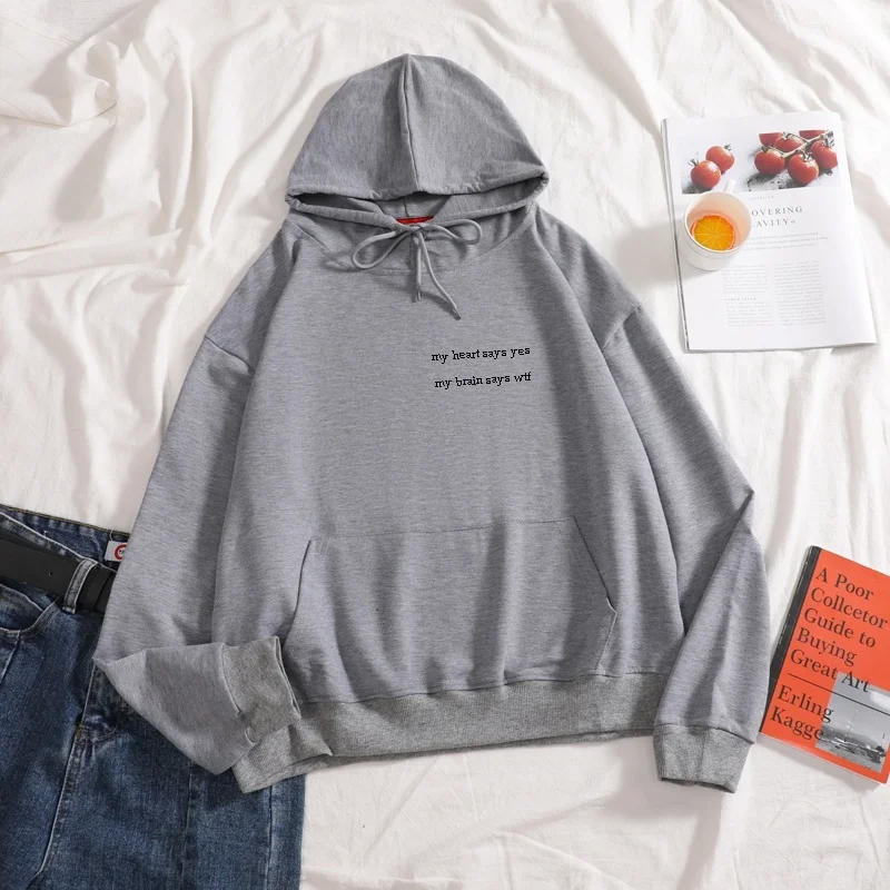 

Fashion 2021 My heart says yes, my brain says Wtf print hoodies Long Sleeve plus size Casual cotton women autumn hooded hoodies