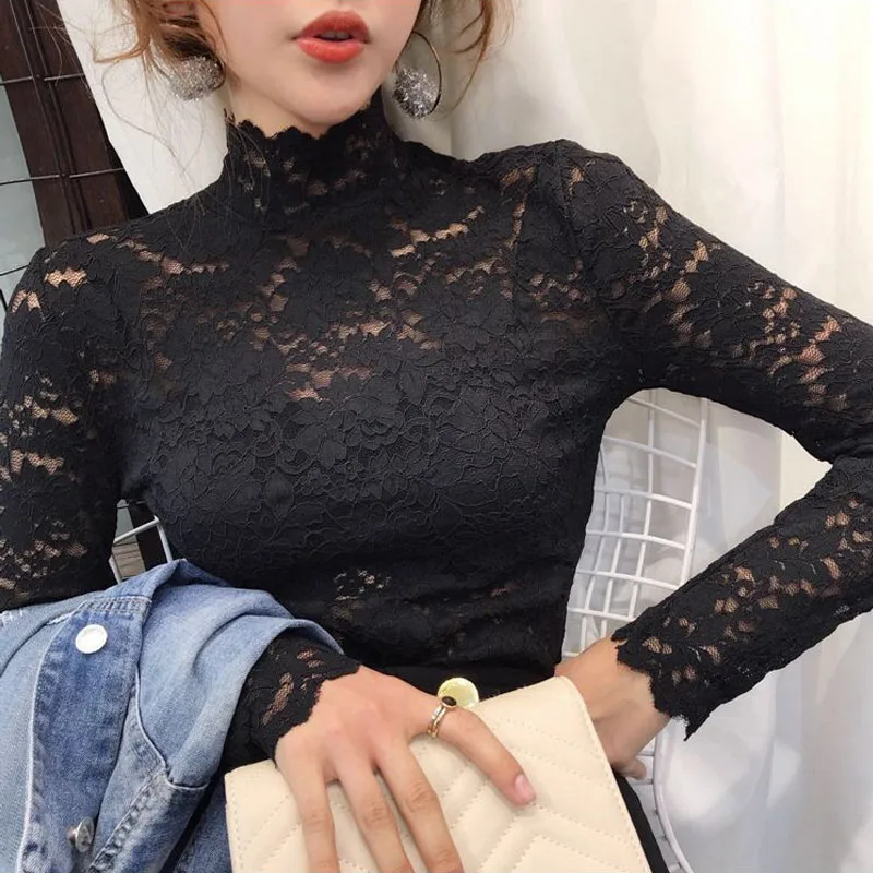 

2021 Plus Size Lace Blouses Women New Sexy Hollow Out Long Sleeve Solid Blouse Lady Elegant Floral Embroidery Elastic Shirt Tops