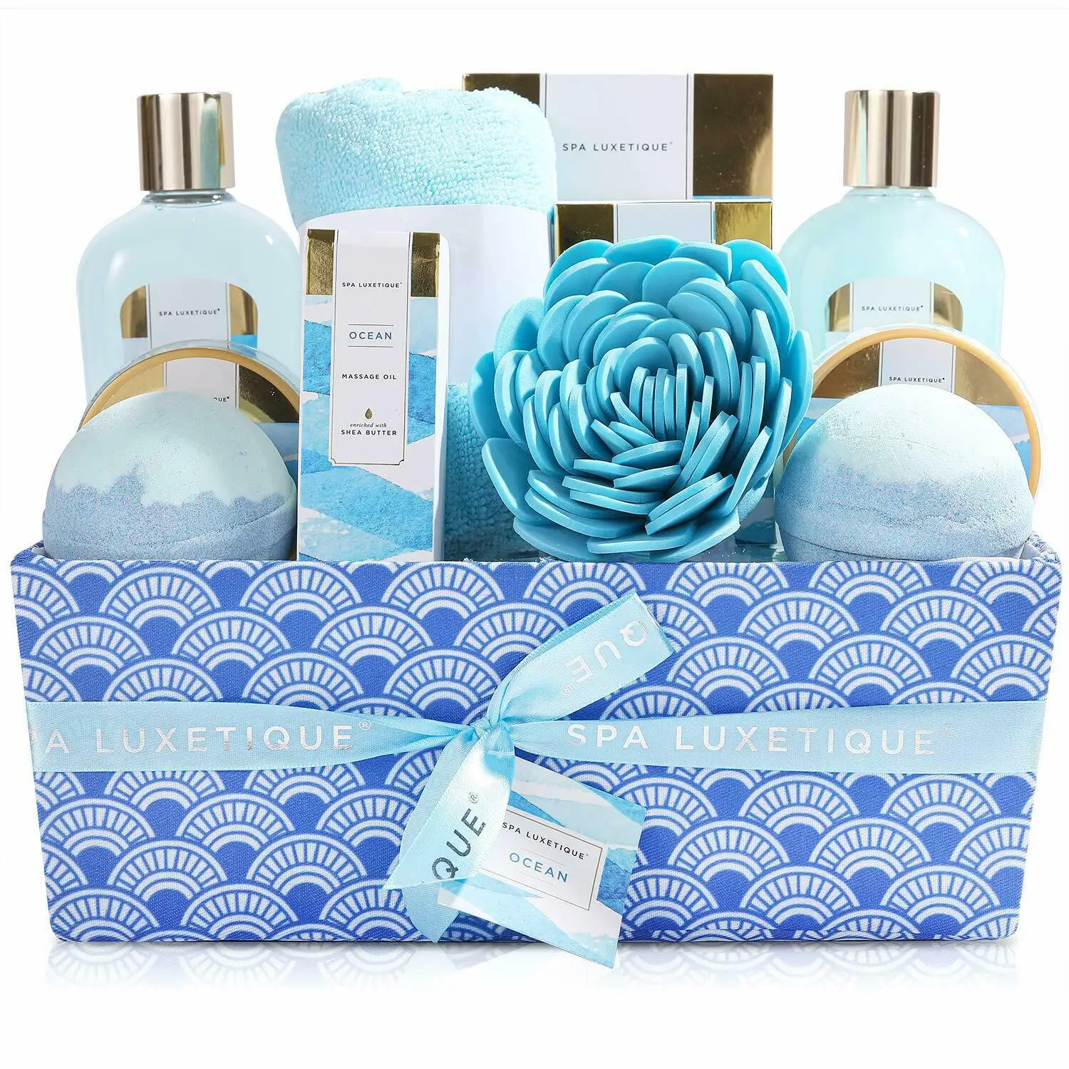 Ocean Scent Spa Gift Baskets for Women, 12pcs Body & Bath Set with Massage Oil and Bath Bombs