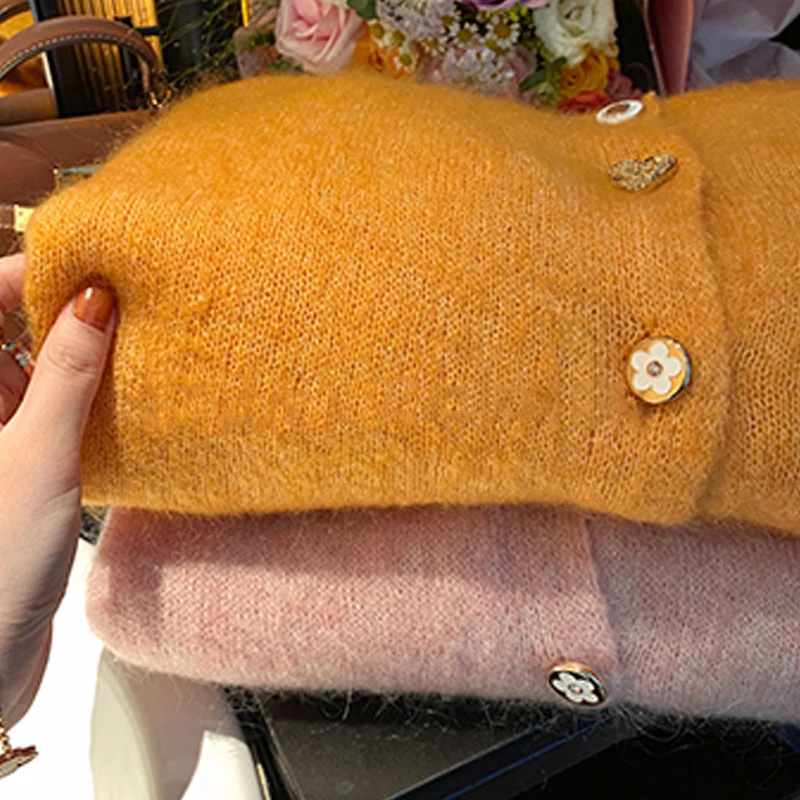 

Limiguyue Sweet Women Wool Knit Cardigans Autumn Chic Buttons Sweaters Crew Neck Long Sleeve Tops Orange Pink Coat K3598