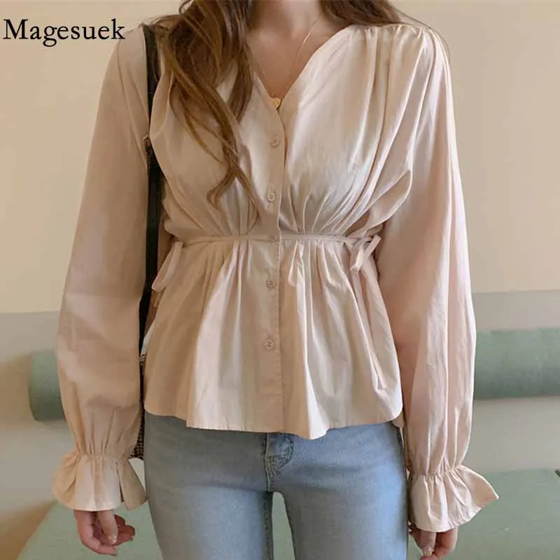 

V-neck French Waist Tie Chiffon Shirt Solid Vintage Long Sleeve Thin Women Blouses Cardigan Slim Fit Button Shirts Blusas 11697