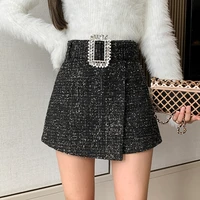 black tweed shorts women diamonds belted high waist wide leg shorts female autumn winter luxury elegant wool skirt short pants