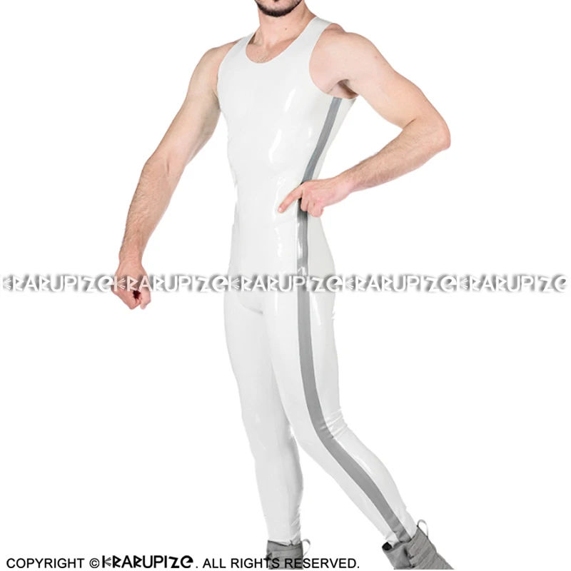 

White And Silver Sleeveless Sexy Latex Catsuit With Crotch Zippers Rubber Bodysuit Overall Zentai Body Suit LTY-0282