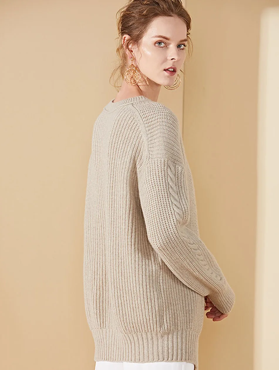 YJMY Inner Mongolian Cashmere Sweater Women Dropped Shoulder Tassel Side Slit Ribbed Cable Knit Winter in Slava Store