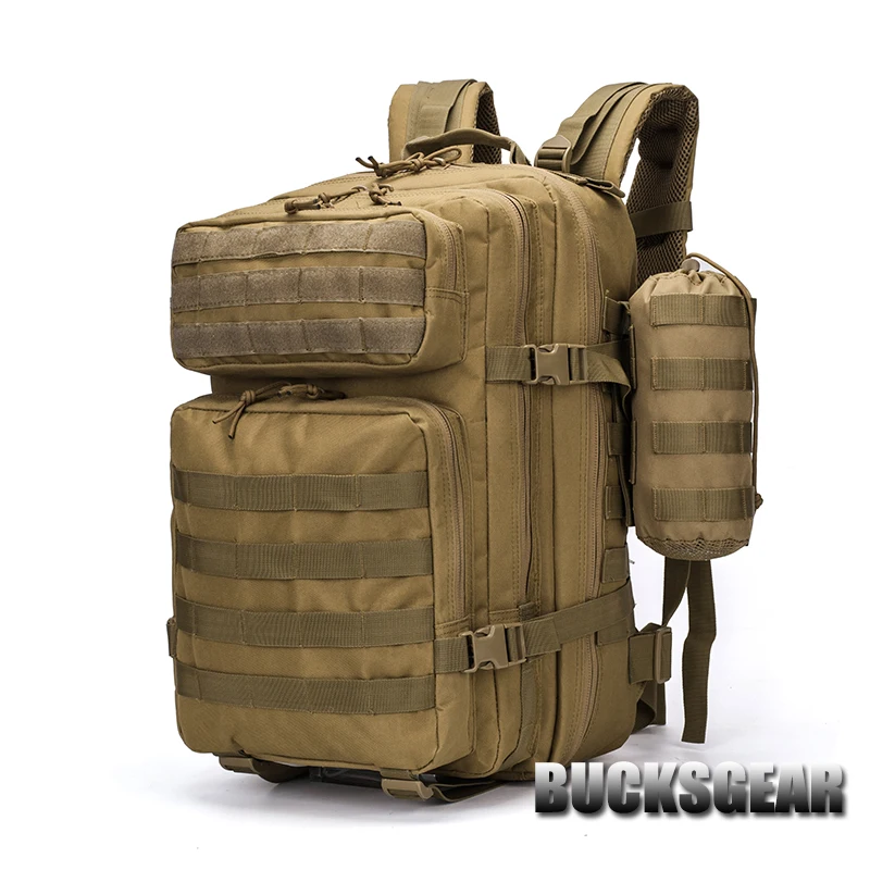 Satılık BUCKSGEAR 45l Büyük Depolama 3p Taktik Sırt çantası Molle Sistemi Açık Kamp Askeri Assautl Sırt çantası Ile Su şişesi çantası