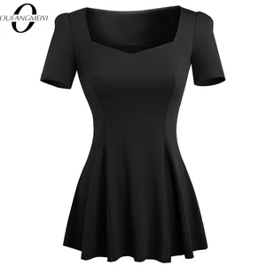 Новые модные женские туфли на молнии; Элегантные Короткие рукава квадратный воротник с оборками Топы для повседневной носки, одноцветные Цвет вязаная рубашка EB505