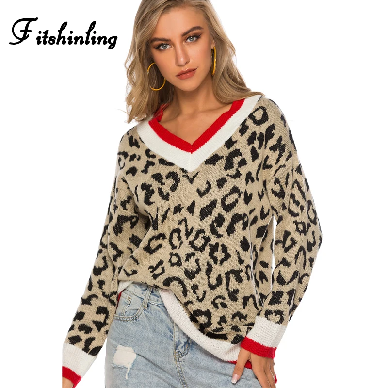 Fitshinling Leopard V Neck Sweater Autumn Winter Pullovers Knitwear Boho Casual Slim Jumper Sweaters For Women Clothing 2019 New | Женская