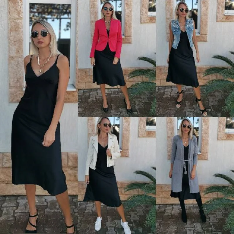 

2021 Women Satin Deep V Neck Sexy Dress Solid Straight Pajamas Party Dress Elegant Female Summer Spaghetti Strap Dress Casual