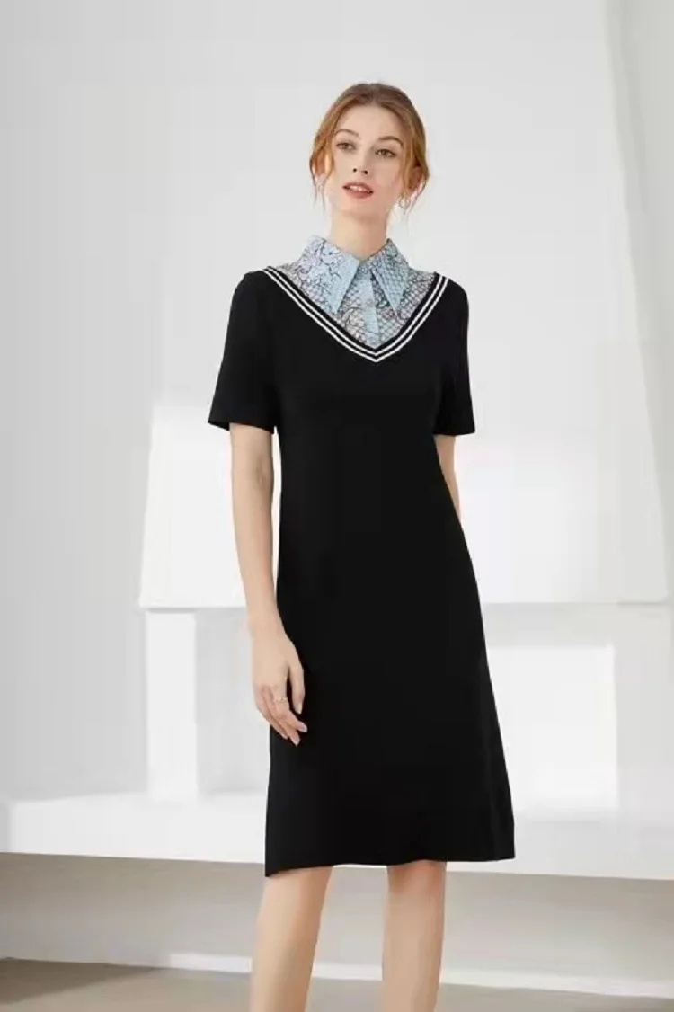 One Piece Dress 2021 Autumn Knitted Dress High Quality Women Turn-down Collar Geometric Print Deco Casual Black Sweater Dress